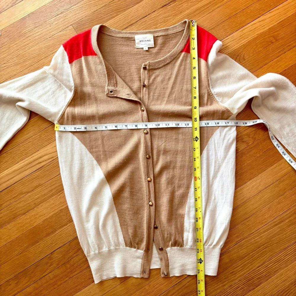 Sezane Virgin Wool Colorblock Cardigan Tan Cream Red L Quiet Luxury Chic Stretch
